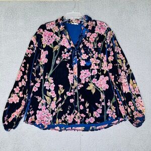 Jodifl Navy Blue Velvet Cherry Blossom Floral Button Down Shirt Small Boho Top